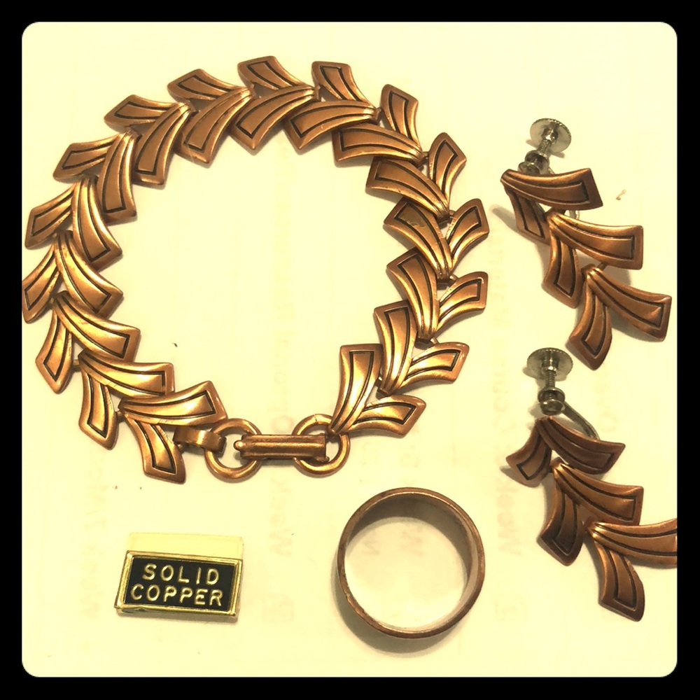 Copper Bracelet, Earrings, and Ring